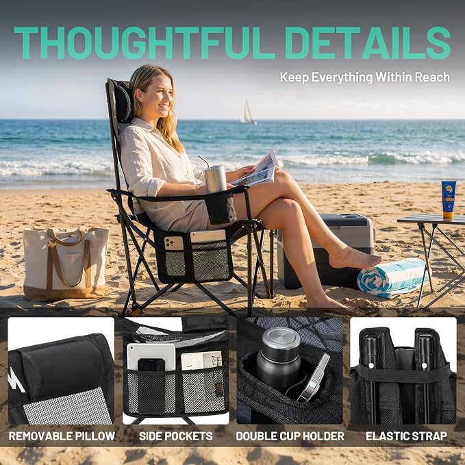 Overmont Reclining Camping Chair with Footrest - 4-Position Adjustable Backrest Lightweight Folding Lounge Chair for Adults with Pillow Carry Bag - Support 300LBS Portable for Outdoor Beach Lawn Patio