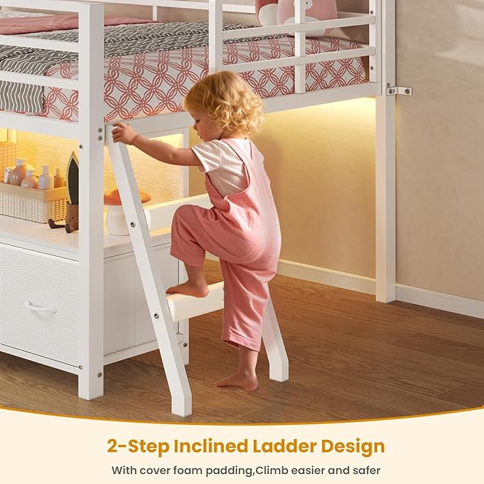 ADORNEVE Low Loft Bed Twin Size with 7 Storage Drawers, Bookcase and LED Lights, Metal Kids Loft Bed with 14" H Safety Guardrail,Inclined Ladder and Play Curtain, Under-Bed Play Space, White