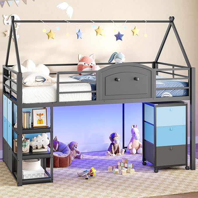 VIAGDO Twin Loft Bed with Desk and Storage for Kids, Metal Low Loft Bed Twin with 9 Drawers, 3-Tier Shelves, Led Lights, Safety Guardrail, No Box Spring Needed,Grey