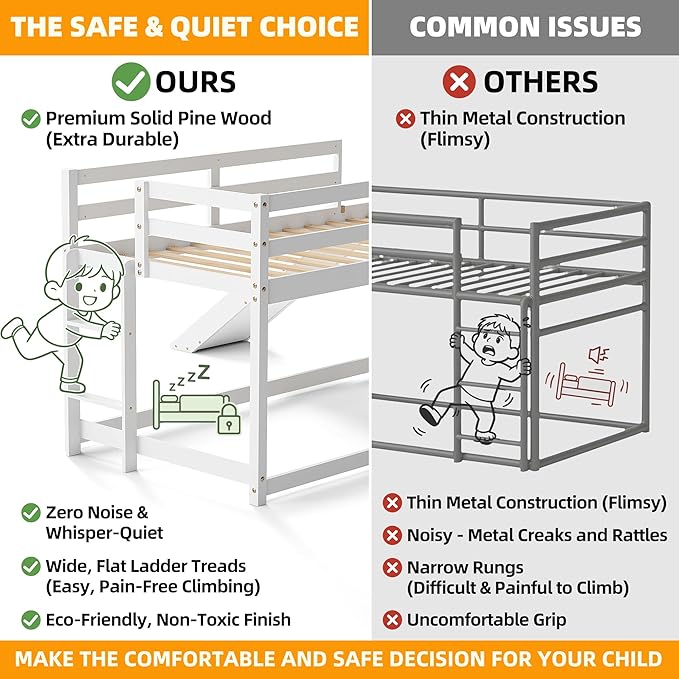 TOLEAD OLEAD Low Bunk Bed with Slide, Floor Loft Bed with Climbing Ladder, Wood Twin Bunk Bed Frame with Full Guardrails & Storage Space for Kids Toddler