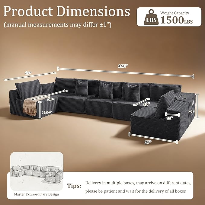 168" Cloud Sectional Couch, Comfort U Shaped Sofa for Living Room, Extra Deep Seats No Assembly, Minimalist Modular Couch, Corduroy (Dark Grey, 7 Seats,U-Shape B)