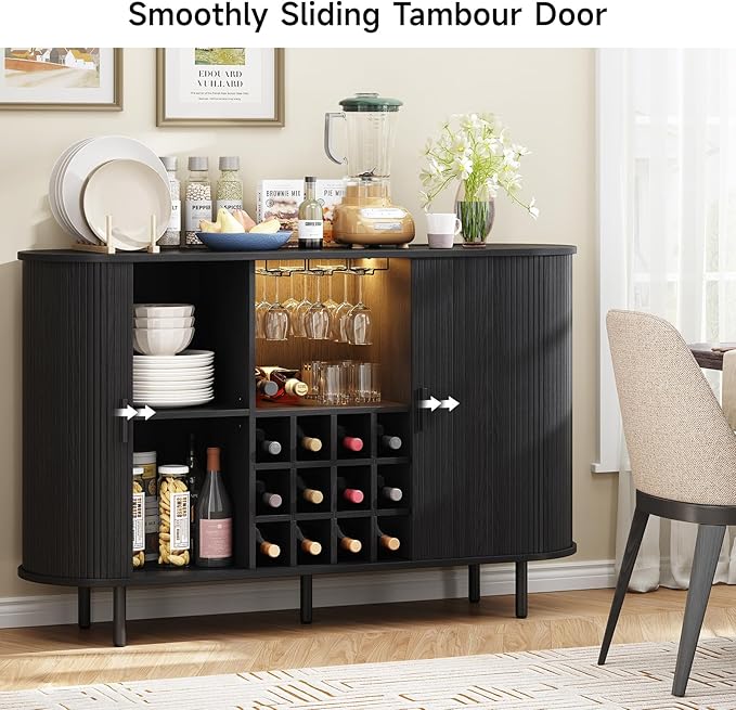 ONBRILL 55" Wine Bar Cabinet with LED Light,Modern Liquor Whiskey Coffee Station with Wine Rack and Glass Holder, Farmhouse Buffet Sideboard with Storage for Living Room, Kitchen, Entryway (Black)