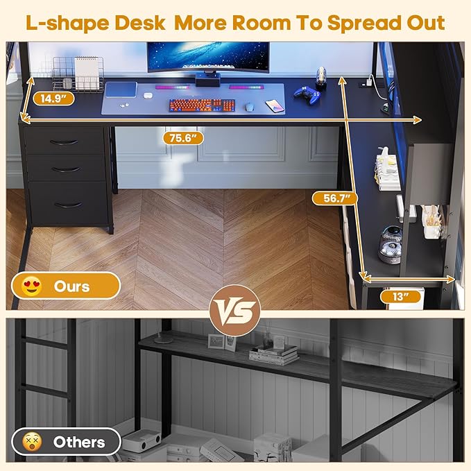 ADORNEVE Gaming Loft Bed Full Size with L-Shaped Desk, Arcylic RGB Hutch & Safety Power Outlet, Metal Loft Bed Frame with Storage Drawer, Shelves, Safety Guardrail, Space Saving for Teens, Black