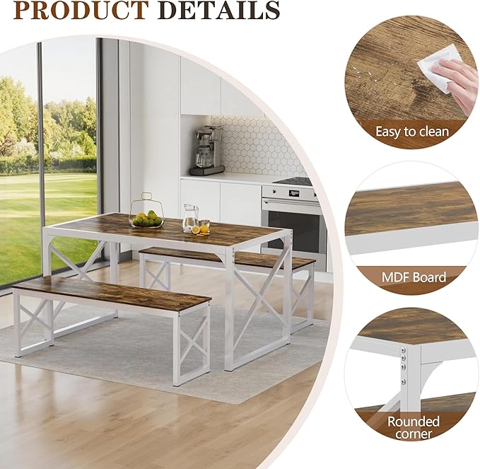 VECELO 55” Kitchen Dining Table Set for 4, Heavy-Duty Steel Frame & Wood-Grain Tabletop, Space-Saving Dinette Sets with 2 Benches for Breakfast Nook and Small Space, Drak Brown