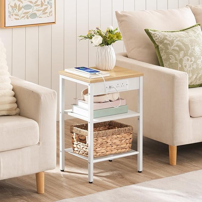 HOOBRO Side Table with Charging Station and USB Port, Small End Table for Small Space, 3-Tier Nightstand with Adjustable Shelf, for Living Room, Bedroom, Natural and White WN112BZ01