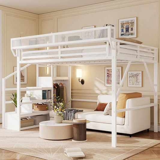 Mirightone Queen Size Loft Bed with Stairs and Storage, Metal Loft Bed Frame with Bedside Shelf and Large Under-Bed Space, Heavy-Duty Loft Beds for Adults Teens and Kids, Convertible Staircase, White