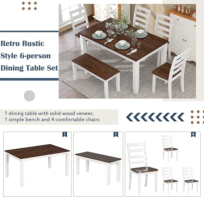 Harper & Bright Designs Rustic Style 6-Piece Dining Room Table Set with 4 Ergonomic Designed Chairs & a Bench (Walnut + Cottage White)