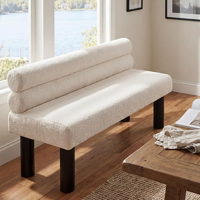 Christopher Knight Home Wally Boucle Upholstered Dining Bench, Modern Large Dining Room Chair, Entryway Ottoman Bench, Bedroom End of Bed Seating, Armless Desing and Wooden Frame, Milky White+Black