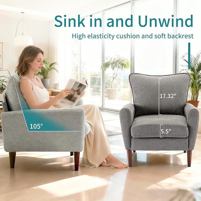 OLIXIS Comfy Accent Chair for Living Room Bedroom and Waiting Room, Upholstered Mid-Century Reading Chair with Pillow and Solid Wood Legs, Wide Singe Modern Lounge Sofa Gray, 2 Pack