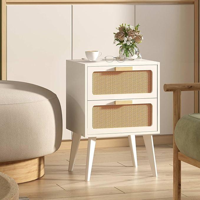 YAUKOMEL White Nightstand, Wood End Table, Side Table with 2 Hand Made Rattan Decorated Drawers,Boho Bedside Table,Wood Accent Table with Storage for Livingroom, Bedroom, White CTG59W