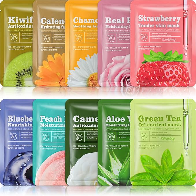 10 Pcs Sheet Face Masks Skincare for Most Skin Types, Combo Essence Hydraiting Facial Mask Set for Women Skin Care, Gifts Set for Home Spa