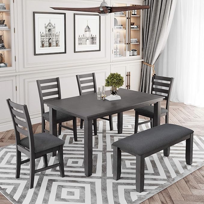 Harper & Bright Designs Dining Room Table and Chairs with Bench, Rustic Wood Dining Set, Set of 6 (Gray)