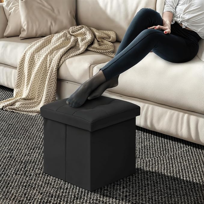 Magshion Small Folding Storage Ottoman Cube, 15 Inches PU Leather Footrest Stool, Square Ottoman with Storage for Entryway, Living Room, Bedroom, Black