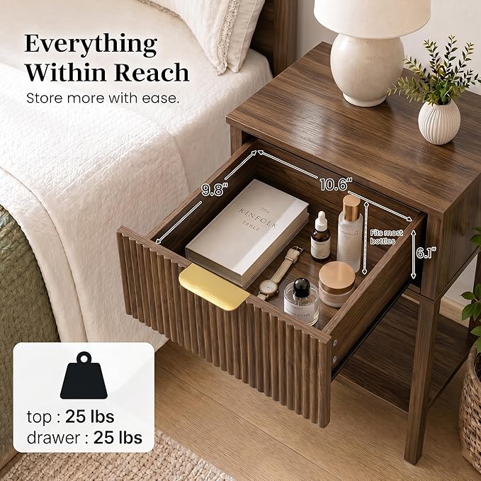 Modern Fluted Small Wood Nightstand, 11.8" Deep x 15.4" Narrow Bedside Table with Drawer & Open Shelf, Mid-Century Rustic Accent End Table for Bedroom & Sofa - Walnut