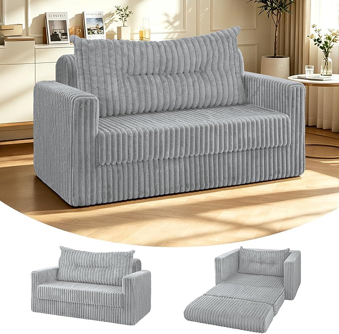 HABUTWAY 41.3" Loveseat Boneless Couch, 4-in-1 Convertible Sofa Bed, Plush Fur Folding Futon Sofa Bed Couches with a Pillow for Living Room, High-Density Foam Support, No Assembly Required, Light Grey