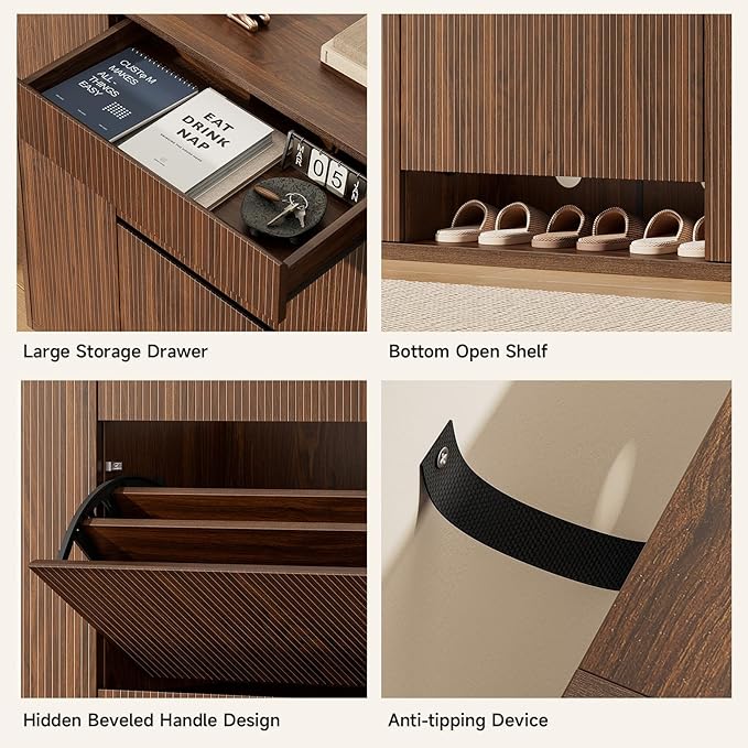 ONBRILL Large Shoe Cabinet with 2 Flip Drawers (3-Tier Each), 27-35 Pairs Shoe Organizer with Storage Drawer, 2 Doors & Open Shelf, 47.2'' Wide Shoe Storage Cabinet for Entryway Hallway (Walnut)