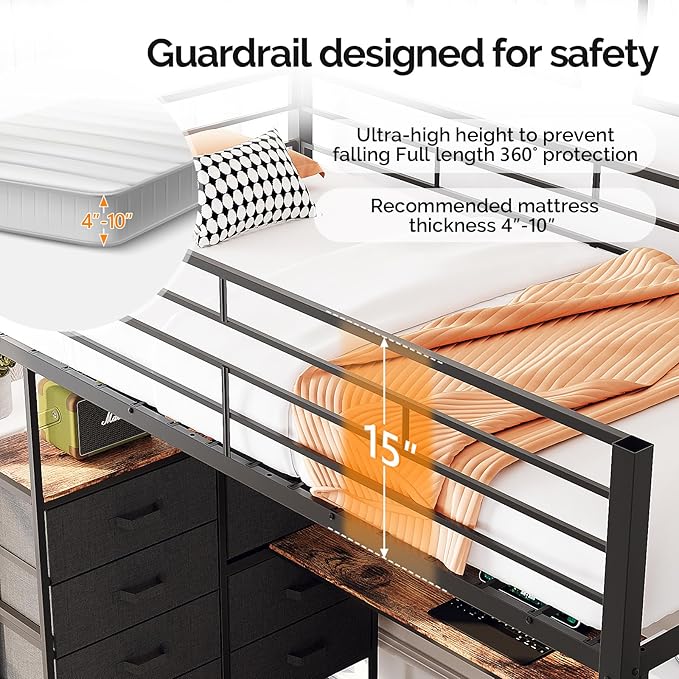 VINGLI Full Loft Bed 15 Inch Extra Tall Safety Guardrail, 7 Drawers Dresser, and Flat Rungs, LED High Double Sleeper with 2 Charging Stations,and Desk, Heavy Duty Space Saving Bed, Black