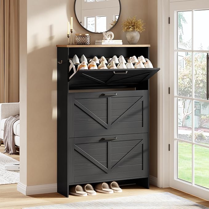 Nicetree Shoe Storage Organizer with 3 Flip Drawers, Freestanding Fluted Accent Narrow Shoe Rack, Farmhouse Shoe Cabinet with 3-Tier Adjustable Shelves for Hallway Foyer Rustic Black