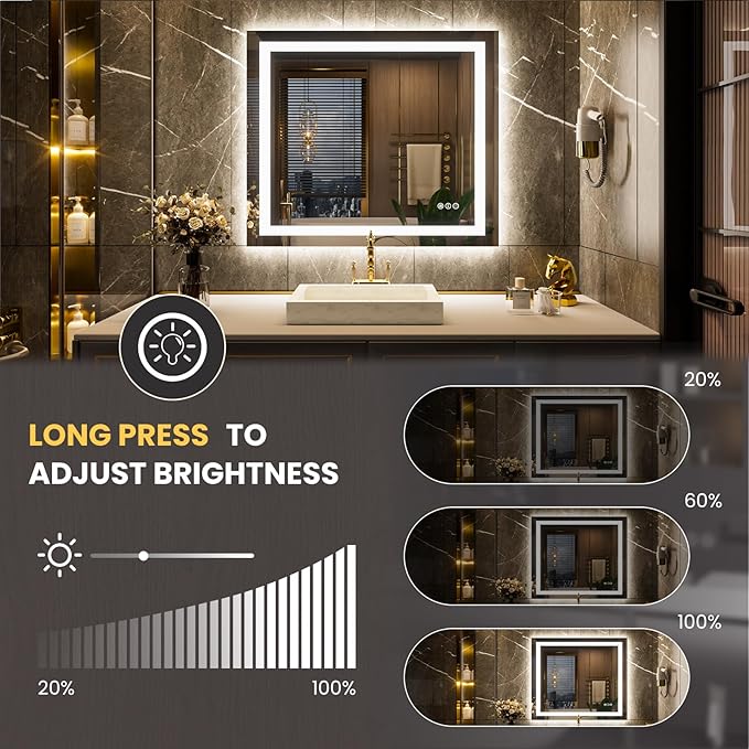 LOAAO 44"X36" LED Mirror for Bathroom, Lighted Bathroom Mirror with Lights, Anti-Fog, Dimmable, Memory Function, Clear Reflection