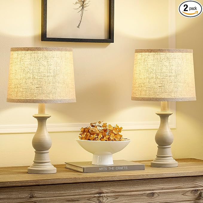 Vintage Table Lamp for Living Room Bedroom, 18.5" Farmhouse Bedside Lamps Nightstand Lamp Set of 2, Table Lamps with Oatmeal Linen Lamp Shades, 2 LED Bulbs Included