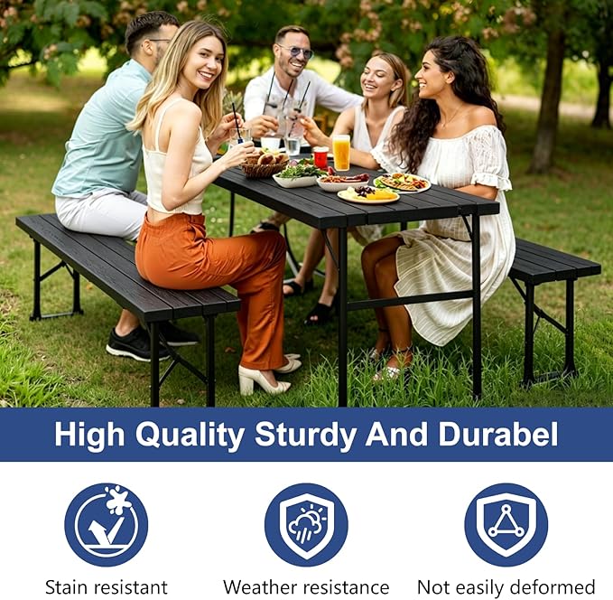 Folding Table with 2 Benches Set, 6FT Picnic Table with 2 Chairs, 3pcs Plastic Camping Tables and Foldable Bench Sets Indoor & Outdoor for Party, Camping, Picnic, Wedding, BBQ, Black