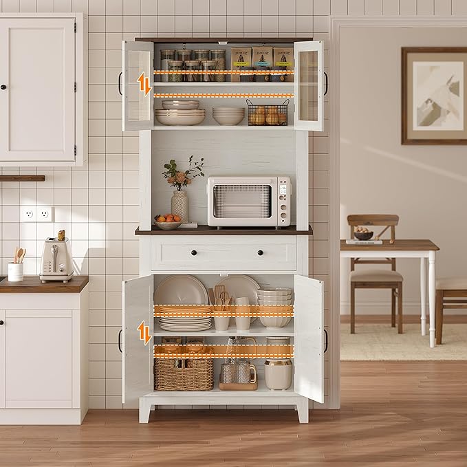 IDEALHOUSE Farmhouse Coffee Bar Cabinet with 2 Glass Doors, 72'' Black Bar Cabinet with 1 Drawer, Tall Wine Bar with Metal Handle, Coffee Bar Hutch with Storage for Living Room (Light White)
