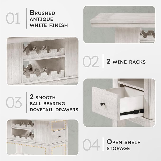 Lexicon 60" Farmhouse Counter Height Dining Table for 6, Solid Wood Frame Acacia Veneer Rectangular Dining Table with Wine Storage, Drawers, and Open Shelves, Brushed Antique White