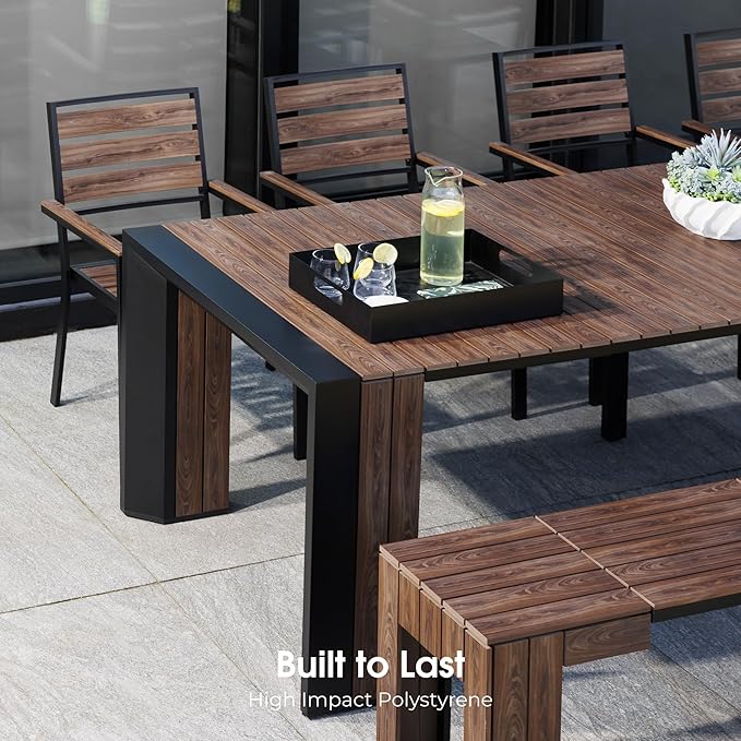 Transformer Table - Extendable Outdoor Dining Set, up to 12 Seats, Expandable Patio Table, Weather-Resistant Patio Furniture, Dark Walnut, Brown (Table + Bench + 4 Chairs + Umbrella)
