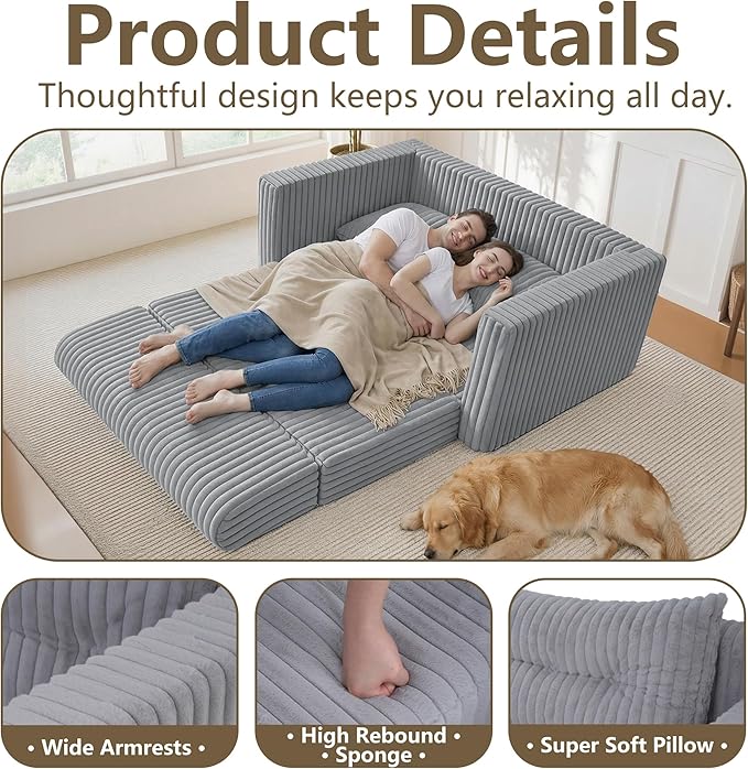 HABUTWAY 49.8" Loveseat Boneless Couch, 4-in-1 Convertible Sofa Bed, Plush Fur Folding Futon Sofa Bed Couches with a Pillow for Living Room, High-Density Foam Support, No Assembly Required, Light Grey