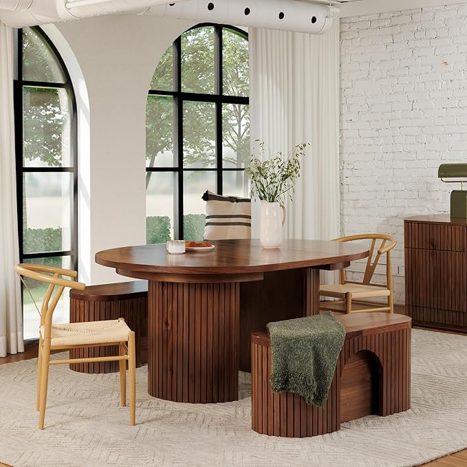 Transformer Table - Solid Wood Extendable Round Dining Table Set, Expandable Dining Table, Elegant and Functional Design, Perfect for Dining Room, Royal Brown (Table + 2 Benches)