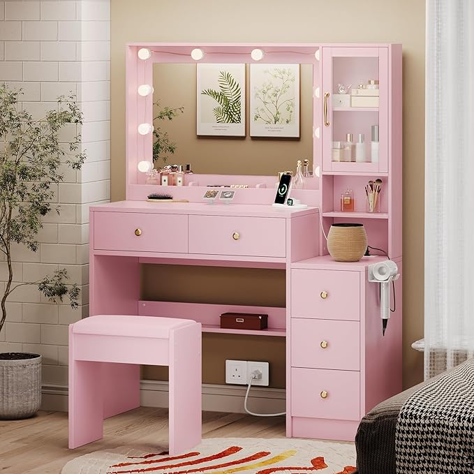 TOKSOM Makeup Vanity with Lights & Charging Station, Pink Vanity Table with 5 Drawers & Open Storage Shelves, Bedroom Makeup Dressing Table Set for Women Girls Round Handles