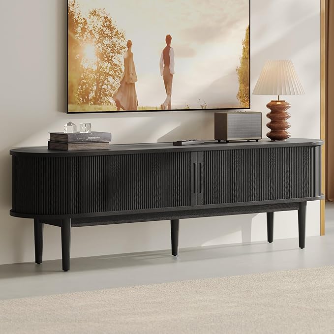LINSY HOME 70" Fluted TV Stand for TVs up to 80 Inch, Mid Century Modern Entertainment Center with Storage Cabinet and Sliding Doors, Farmhouse Wood Media TV Console for Living Room, Bedroom, Black