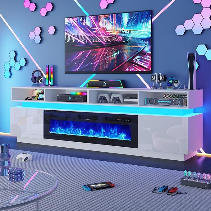 chartustriable Fireplace TV Stand for 100" TV, 93" LED Entertainment Center with 50" Fireplace & Power Outlets, High Gloss TV Stand, Gaming TV Media Console for Living Room, 93 Inch, White