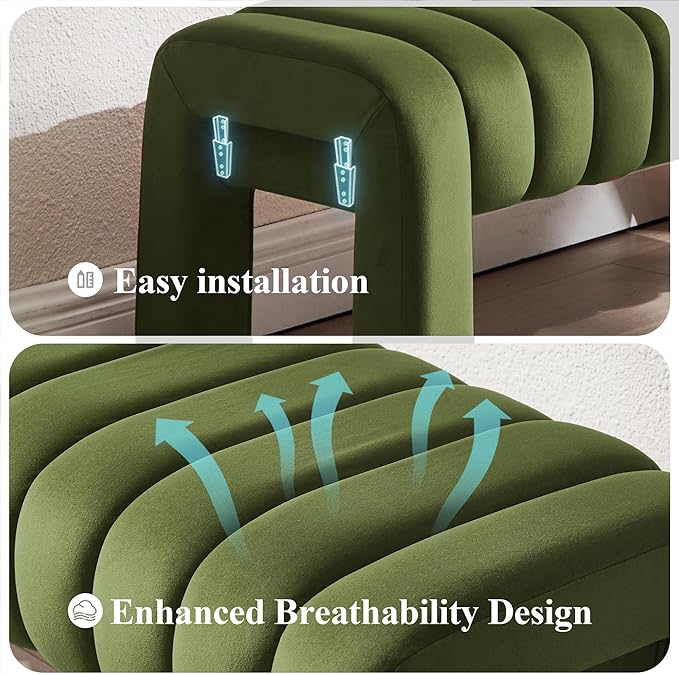 43’’ Bedroom Bench, Upholstered End of Bed Bench with Solid Wood Legs, Modern Small Dining Bench with Full Covered Fabrics for Entryway, Bedroom, Living Room (Green, Velvet)
