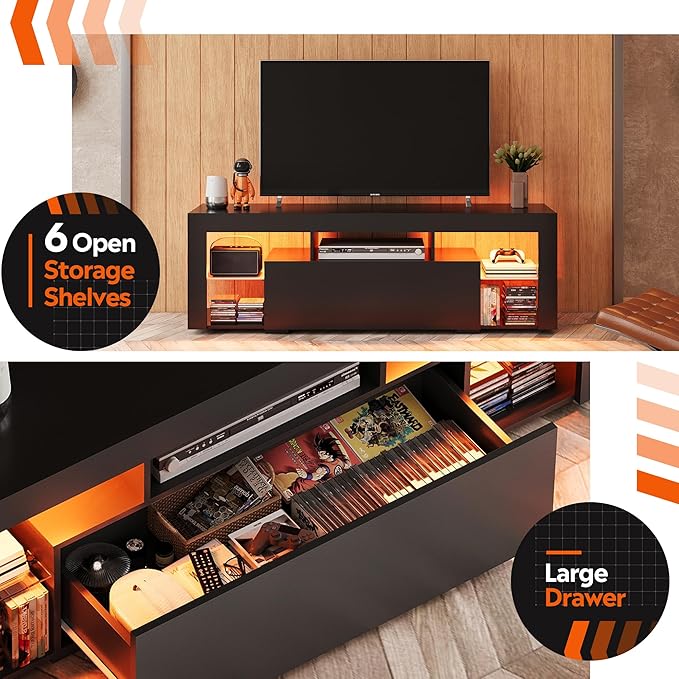 WLIVE TV Stand with LED Lights & 2 Large Storage Drawers, Modern Entertainment Center for 32/43/50/55/60 Inchs TVs, Sturdy TV Console for Living Room, Bedroom(Black)