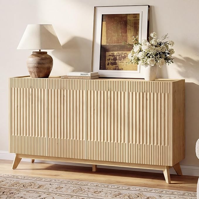 Fatmok Large Sideboard Buffet Cabinet with Storage, 65" Modern Fluted Credenza Buffet Table Coffee Bar Storage Cabinet with Doors & Adjustable Shelves for Living Room Kitchen Dining Room(Natural Oak)