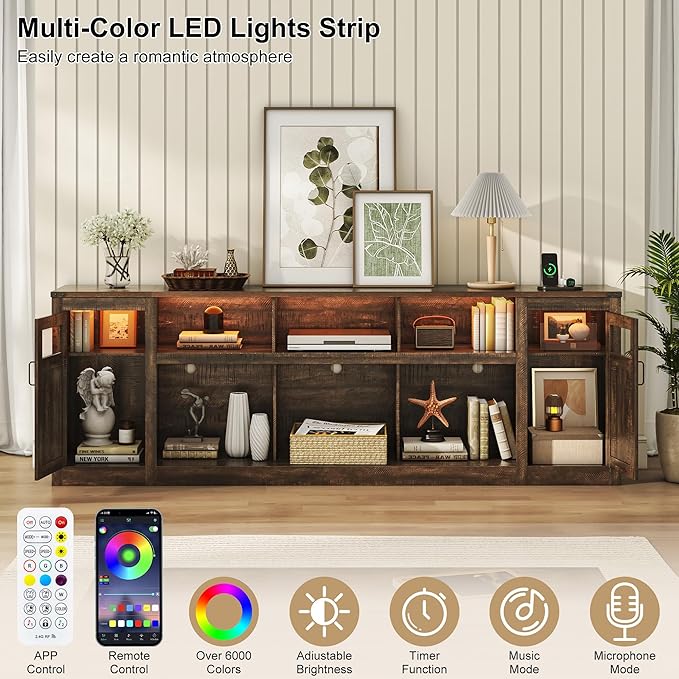chartustriable Farmhouse TV Stand for 100 Inch TV,95" Entertainment Center w/LED Light,Large Media Console Cabinet w/Rustic Barn Doors,Power Outlets,Adjustable Shelves for Living Room,Brown
