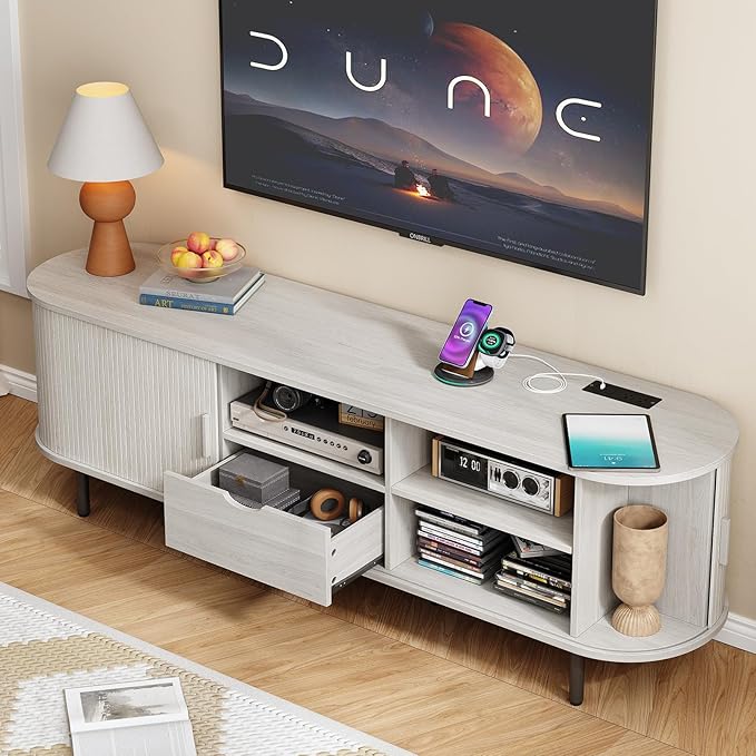 ONBRILL 69" TV Stand with Power Outlet for TVs up to 80", Entertainment Center with Storage and Drawer, TV Console with Adjustable Shelves and Sliding Door, TV Stand for Living Room, Natural White
