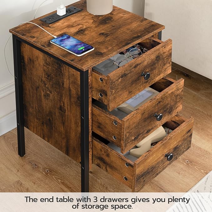 HOOBRO Nightstand with Charging Station, Side Table with 3 Drawers and Storage Shelf, End Table with USB Port, Retro Industrial Style Bedside Table, for Living Room, Bedroom, Rustic Brown BF461BZ01G2