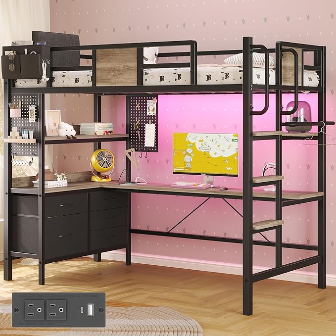 BYSAUD Twin Loft Bed with Desk and Storage, Metal Bunk Bed with 5 Drawers and 2 Pegboards, Heavy Duty Loft Bed Twin Size with LED Lights and Charging Station for Teens Adults, Noise Free, Gray