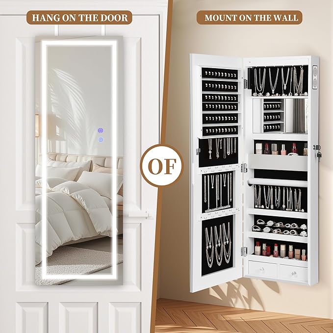 LED Mirror Jewelry Cabinet with Bluetooth Speaker ，Door/Wall Mounted,Equipped with Three Color Light Strips,Full-Length Illuminated Mirror,Jewelry Storage Function