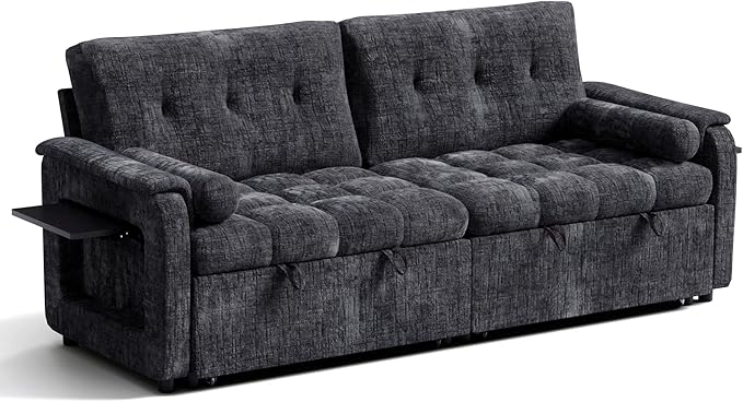 Convertible Sleeper Sofa Bed, 86 Inch Chenille Pull Out Couch with Side Table & Adjustable Backrest, Sectional Sleeper Sofa with Pull Out Bed for Living Room, Apartment, Black
