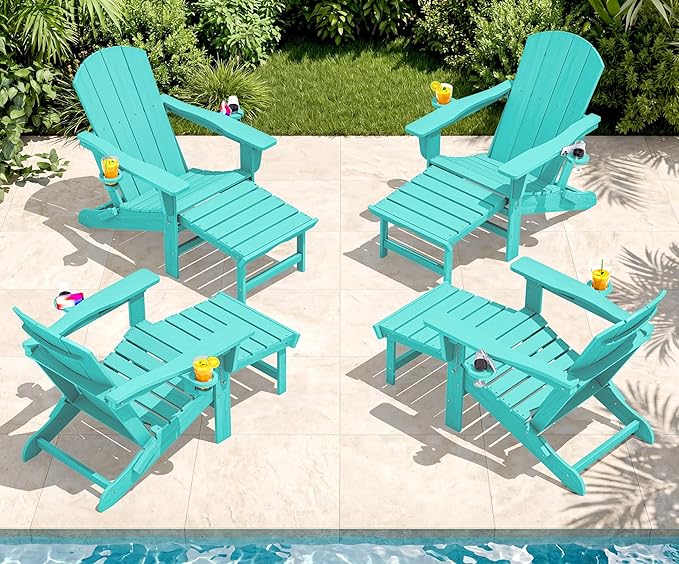 SERWALL Folding Adjustable Adirondack Chairs with Footrest Set of 4, HDPE Outdoor Chair with Dual Cup Holders, All Weather Adirondack Chair with Ottoman, Aruba
