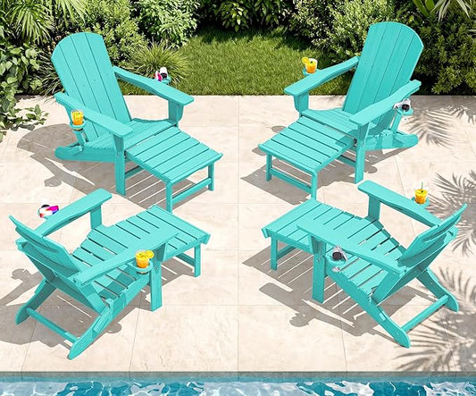 SERWALL Folding Adjustable Adirondack Chairs with Footrest Set of 4, HDPE Outdoor Chair with Dual Cup Holders, All Weather Adirondack Chair with Ottoman, Aruba