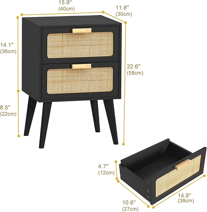 YAUKOMEL Black Nightstand, Wood End Table, Side Table with 2 Hand Made Rattan Decorated Drawers,Boho Bedside Table,Wood Accent Table with Storage for Livingroom, Bedroom, Black CTG59B