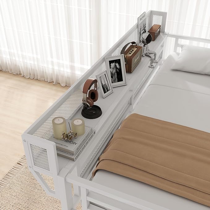 KEIKI Queen Size Metal Loft Bed Frame with Desk, Staircase, Built-in Storage Shelves and Wardrobe, Modern Loft Bed with Solid Slat, Guardrail, No Box Spring Required, Easy Assembly, for Bedroom, White