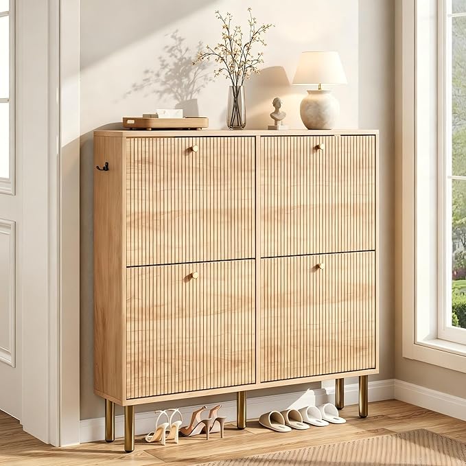 Nicetree Shoe Storage Cabinet for Entryway, Modern Natural Shoe Cabinet with Tiered Fluted Design, 9.5" Slim Shoe Rack for Small Spaces, 4 Flip Drawers Narrow Shoe Cabinet for Small Space