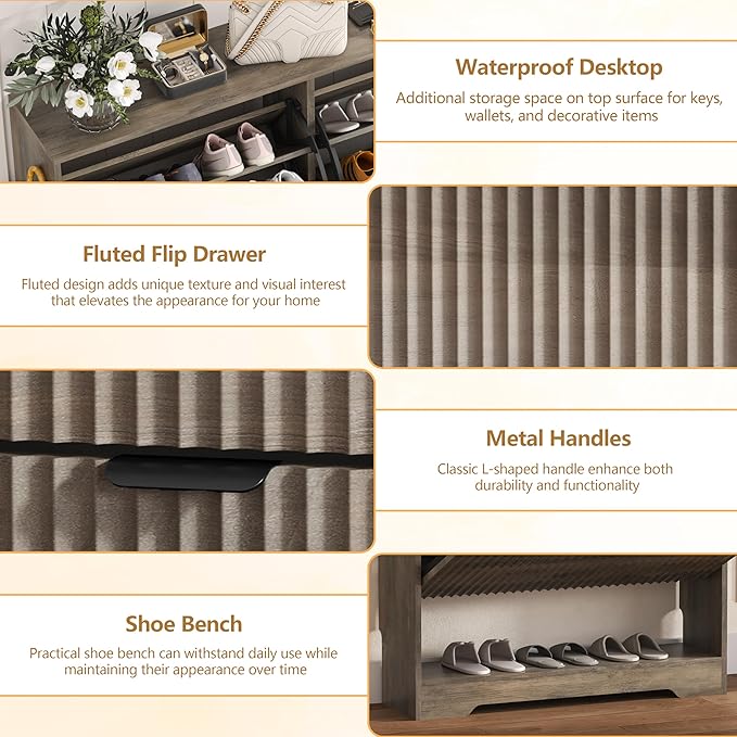 HUANLEGO Shoe Cabinet Storage for Entryway with 2 Flip Drawers, Grey Fluted Shoe Cabinet with Open Storage, Wooden Hidden Shoe Rack Freestanding Narrow Slim Shoes Organizer for Hallway, Entrance