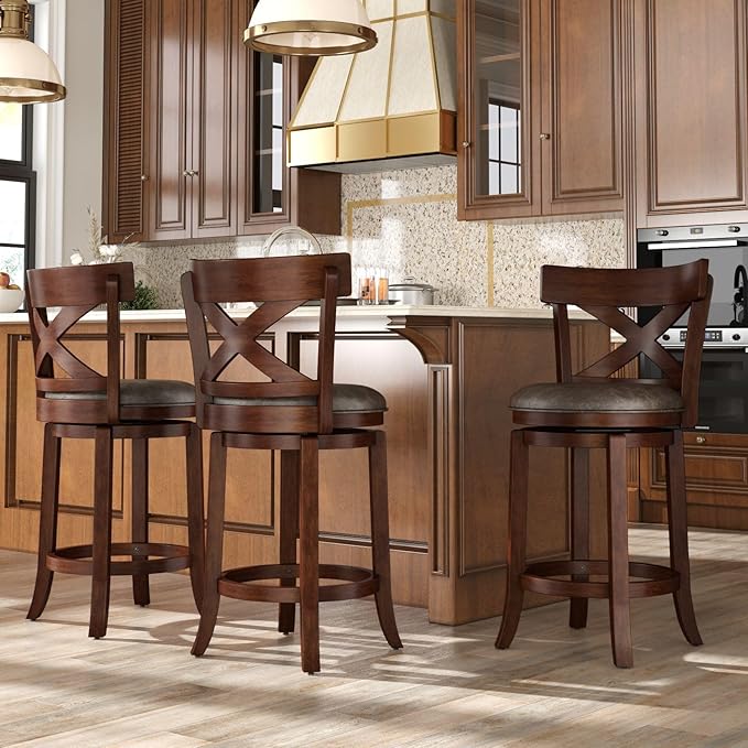 Sophia & William Swivel Bar Stools Set of 3, 26 Inch Counter Height Barstools with Cross Back & Solid Wood Legs,Modern Faux Leather Bar Chairs for Kitchen Island