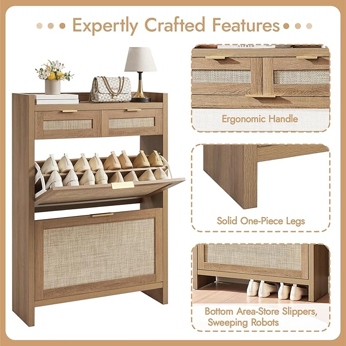 HOKYHOKY Rattan Shoe Storage Cabinet with 2 Drawers & 2 Flip Drawers – Hidden Slim Shoe Organizer for Entryway, Large Tabletop Space, Farmhouse Boho Narrow Shoe Rack, Rustic Oak